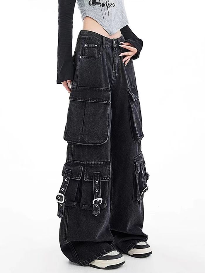 Jean en Denim noir gothique Pu - Street Fashion Jeans Women avis et prix